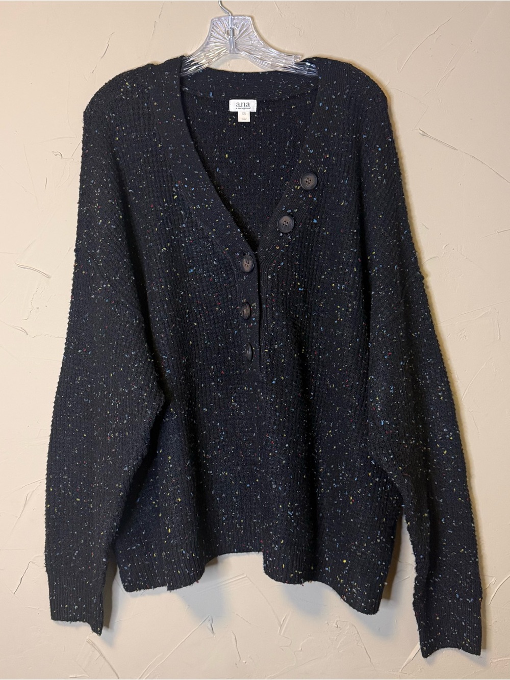 Black Speckled Chunky Knit Henley Sweater XXL Boho Chic Cozy Winter Pullover